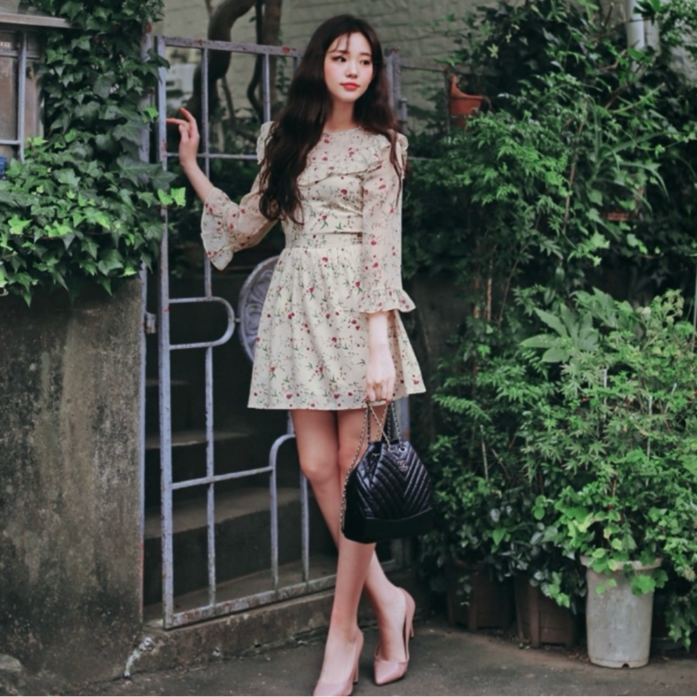 Milkcocoa Floral 3/4 Sleeve A-line Cream Mini Dress